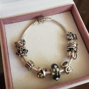 Mint condition Pandora bracelet (7 charms + 2 clasps)